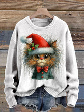 Furry Cat And Christmas Hat Graphic Printed Knit Pullover Sweater