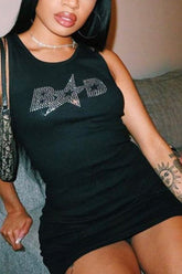 Rhinestone Graphic Ribbed Bodycon Tank Dress