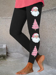 Pink Santa Claus Christmas Tree Print Stretch Leggings