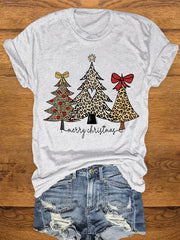 Christmas Leopard Christmas Tree Print Crew Neck T-Shirt
