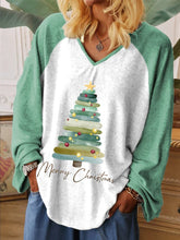 Women's Merry Christmas Tree Printed Raglan Sleeve V-neck Long-sleeved Top