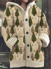 Christmas Tree Embroidery Pattern Cozy Knit Hooded Cardigan