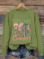 Western Christmas Cowgirl Print Crewneck Sweatshirt