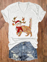 Christmas Cat Lights Print T-Shirt