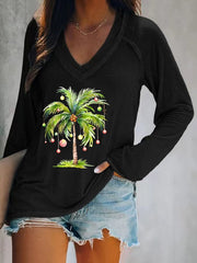 Casual Christmas Palm Tree Print Long Sleeve T-Shirt