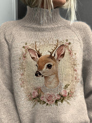 Retro Christmas Reindeer Graphic Printed Knit Turtleneck Pullover Sweater
