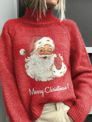 Retro Santa Graphic Printed Knit Turtleneck Pullover Sweater