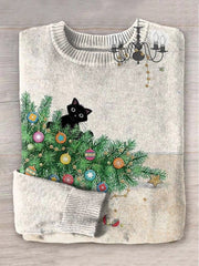 Christmas Cat Art Print Knit Pullover Sweater