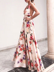 White V Neck Backless Floral Chiffon Boho Summer Maxi Dress
