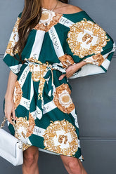 Allover Print Belted Asymmetrical Neck Dress