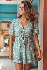 Ruffle Polka Dot Tie Front Beach Mini Dress