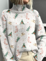 Fresh Christmas Elements Print Knit Turtleneck Pullover Sweater