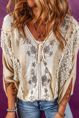 Floral Lace Patchwork Tie-Front Blouse