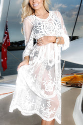 White Sheer Lace Scalloped Hem Long Sleeve Sexy Beach Bikini Cover Up Dress