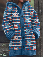 Christmas Cat Stripe Print Long Sleeve Knitted Hooded Cardigan