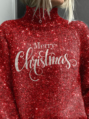 "Merry Christmas" Graphic Printed Knit Turtleneck Pullover Sweater