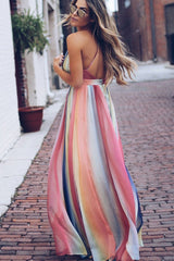 Rainbow Stripe Low Back Chiffon Beach Maxi Dress