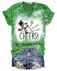 Women Cheers Christmas Drunk Snowman Print T-Shirt