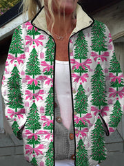 Vintage Christmas Tree Art Print Casual Quilted Jacket