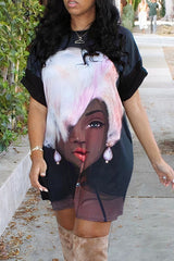 Figure Print Contrast Trim Tee Dress