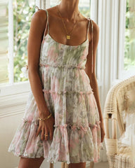 Floral Print Shirred Waist Ruffle Hem Self Tie Smock Dress