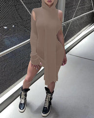 Solid Rib-Knit Cut Out Asymmetrical Hem Hooded Mini Dress
