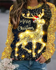 Glitter Christmas Elk Print Sweatshirt