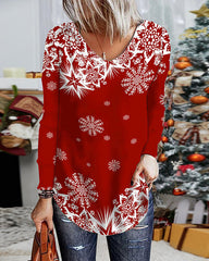 Christmas Snowflake Abstract V Neck Shift Casual Long Sleeve Top