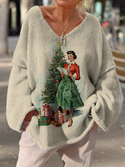 Retro Watercolor Christmas Graphic Printed Casual Pullover Sweater