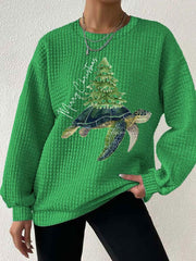 Merry Christmas Turtle Christmas Tree Waffle Sweatshirt
