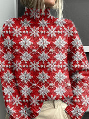 Lovely Christmas Snowflake Art Print Knit Turtleneck Pullover Sweater