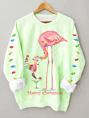 Merry Christmas Flamingo Fun Print Casual Sweatshirt