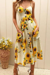 Sunflower Pineapple Pattern Sling Open Back Sexy Dress
