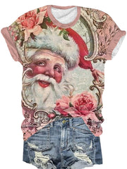 Pink Vintage Santa Print T-Shirt