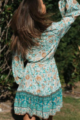 Flattering Bohemian Print Button Front V Neck Midi Dress