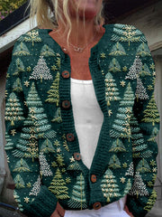 Christmas Tree Embroidered Crew Neck Cozy Cardigan