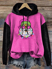 Pink Sparkly Santa Color Block Casual Hooded Sweatshirt