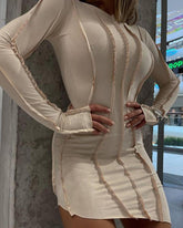 Contrast Piping Long Sleeve Asymmetrical Bodycon Dress