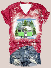 Merry Christmas Bleach Print V-Neck T-Shirt