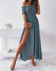 Ditsy Floral Print Shirred Split Thigh Off Shoulder Dress