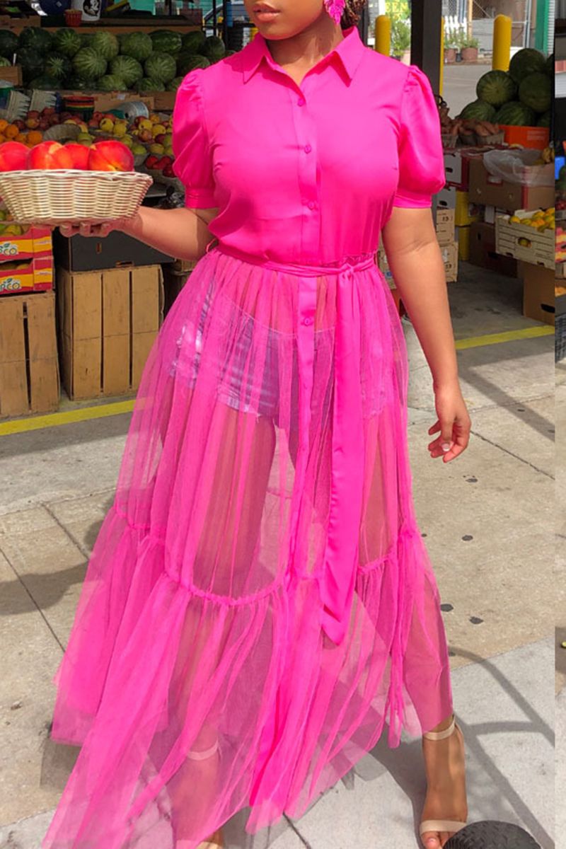 Pleated Contrast Mesh Maxi Shirt Dress