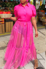 Pleated Contrast Mesh Maxi Shirt Dress