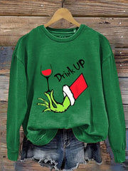 Drink Up Red Wine Glass Printed Round Neck Long Sleeve Sweatshirt