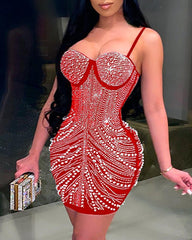 Beaded Rhinestone Decor Cami Mini Dress