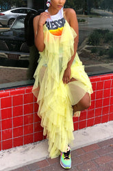 Sheer Mesh Layered Ruffle Trim Cami Dress