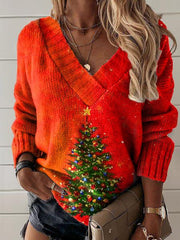 Merry Christmas Tree Art Print Knit V-neck Pullover Sweater