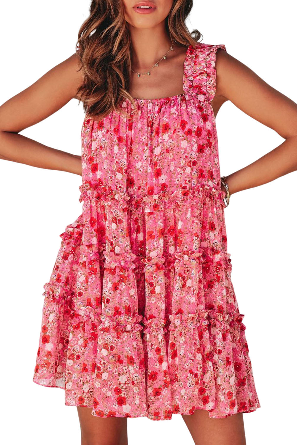 Floral Ruffled Square Neck Dress