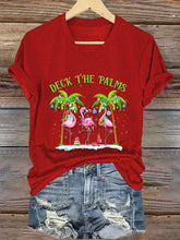 Deck The Palms Flamingo Tropical Christmas Lights Palm Tree Print T-Shirt