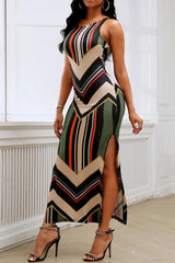 Colorblock Chevron Pattern Slit Sleeveless Bodycon Dress
