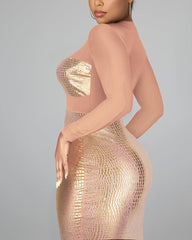 Metallic Snakeskin Print Sheer Mesh Long Sleeve Dress